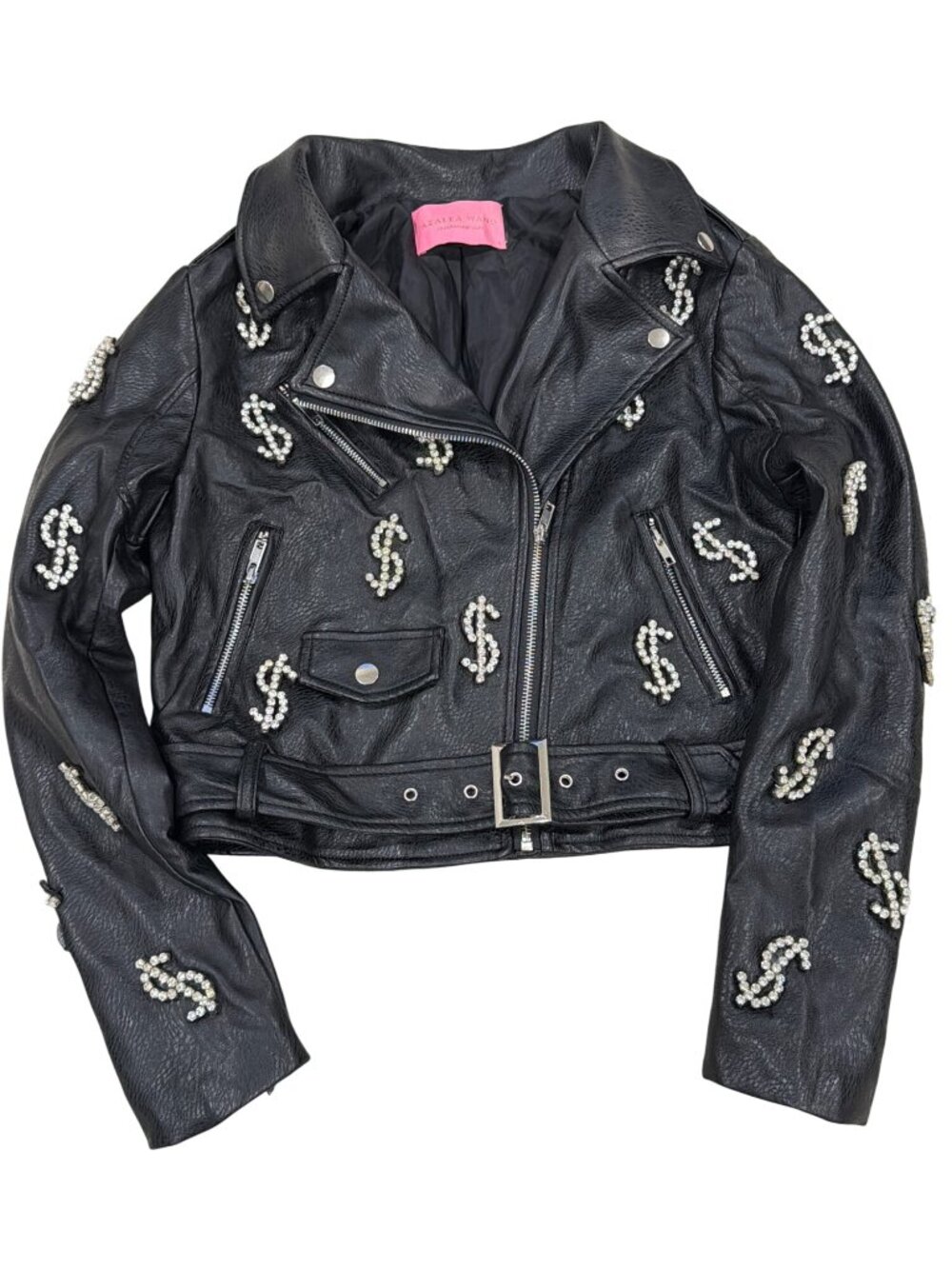 Azalea Wang Black Faux Leather Jacket Rhinestone Dollar Sign Embellishments Smal
